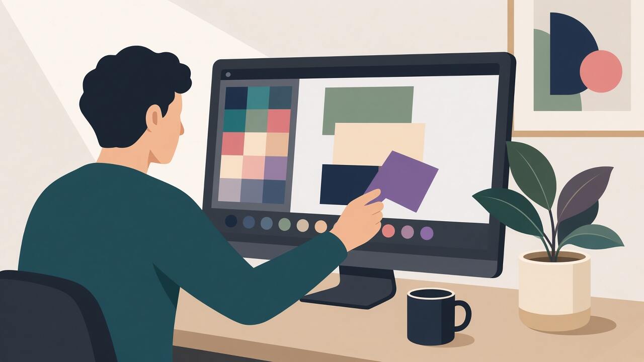 Illustration of a designer arranging a page layout