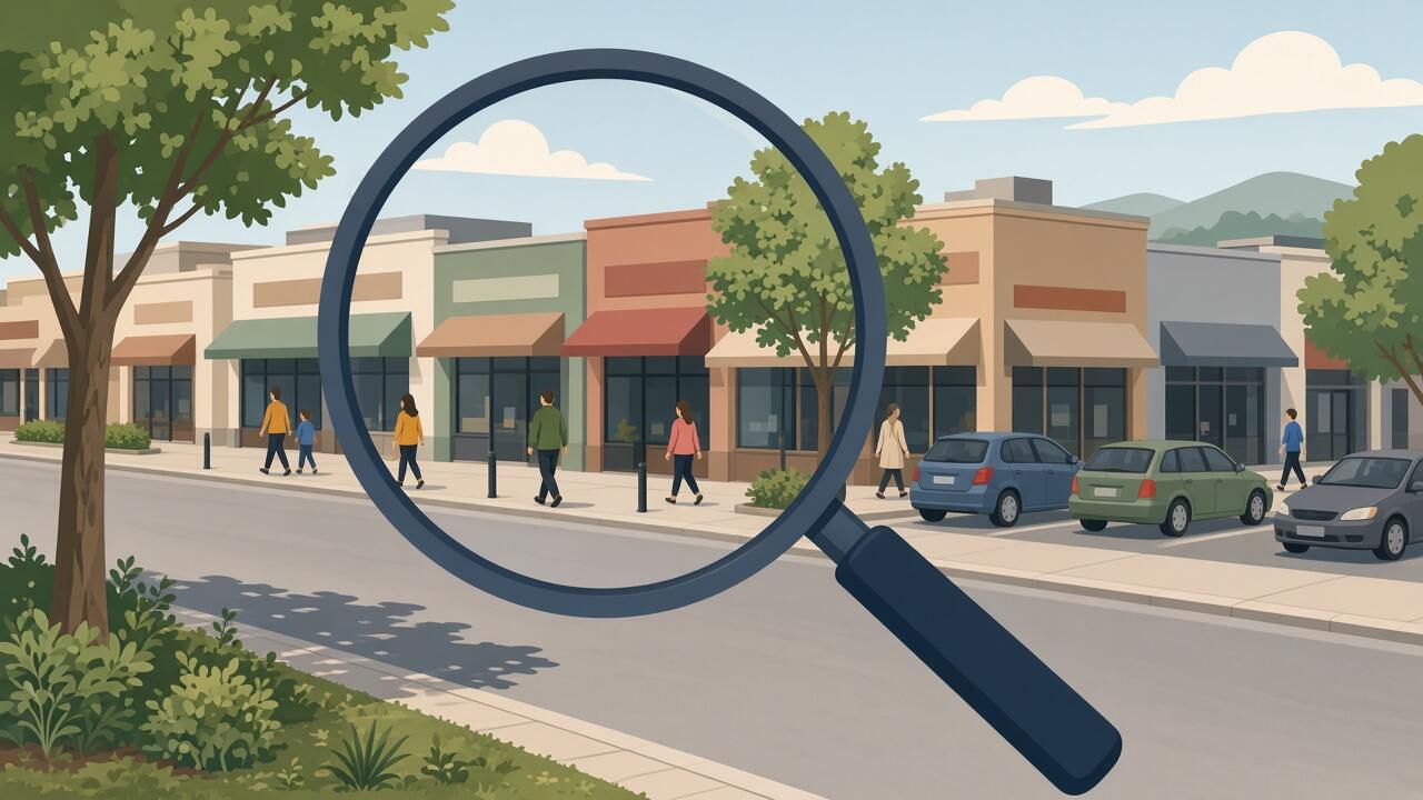 A magnifying glass over a local shopping parade
