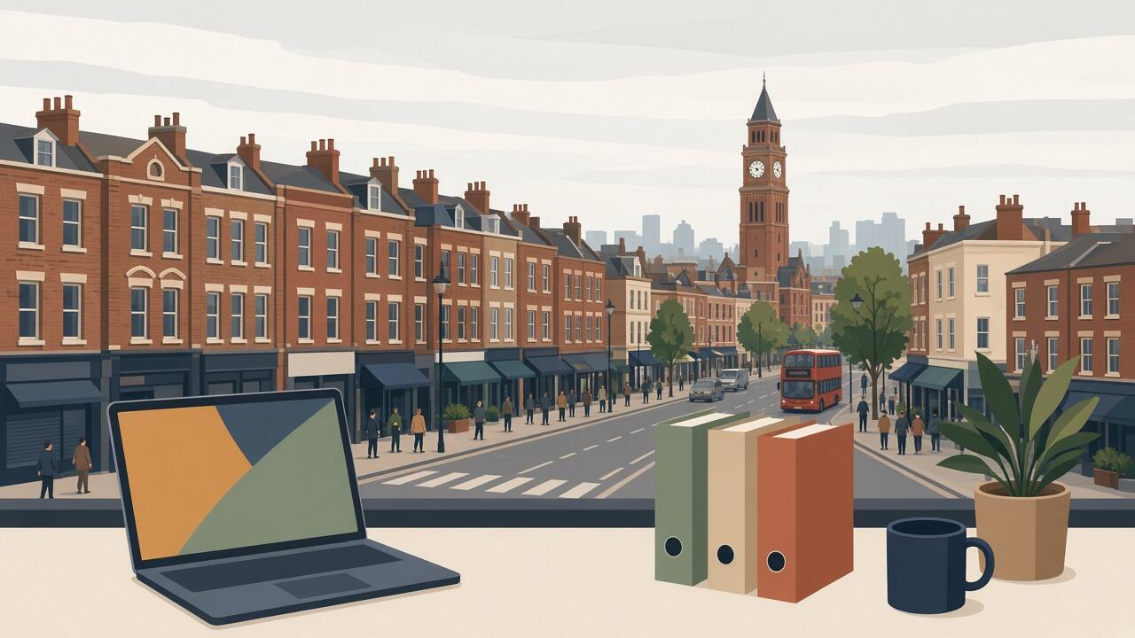 Illustration of a South London high street, an example scene rather than a client website