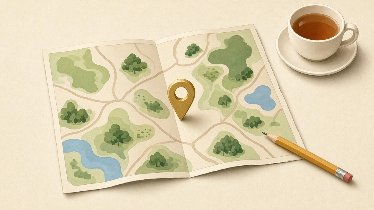 Illustration of a paper map with a single pin