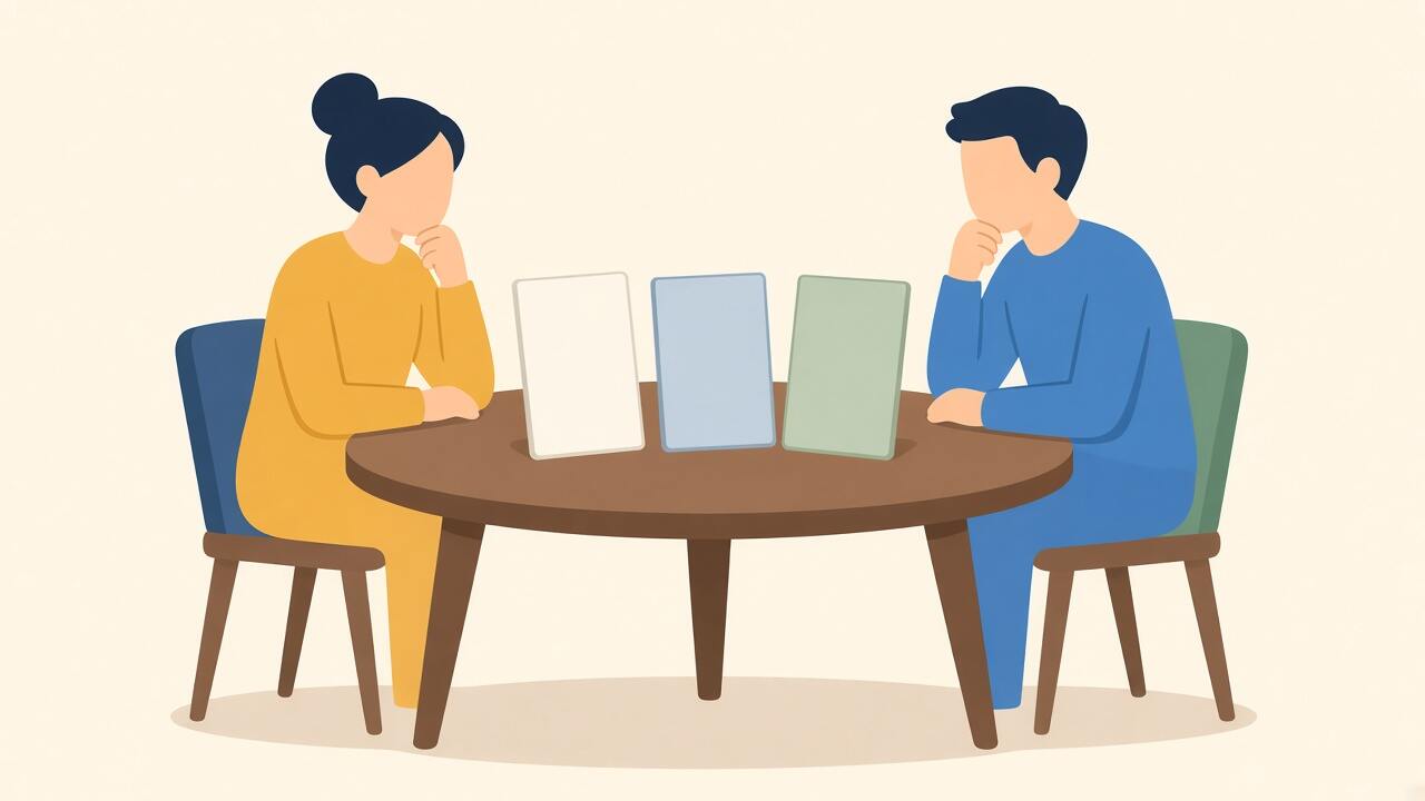 Two people comparing website layouts